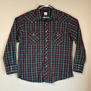 Wrangler Mens XL Red Blue Green Plaid Long Sleeve Snap Button Up Western Shirt